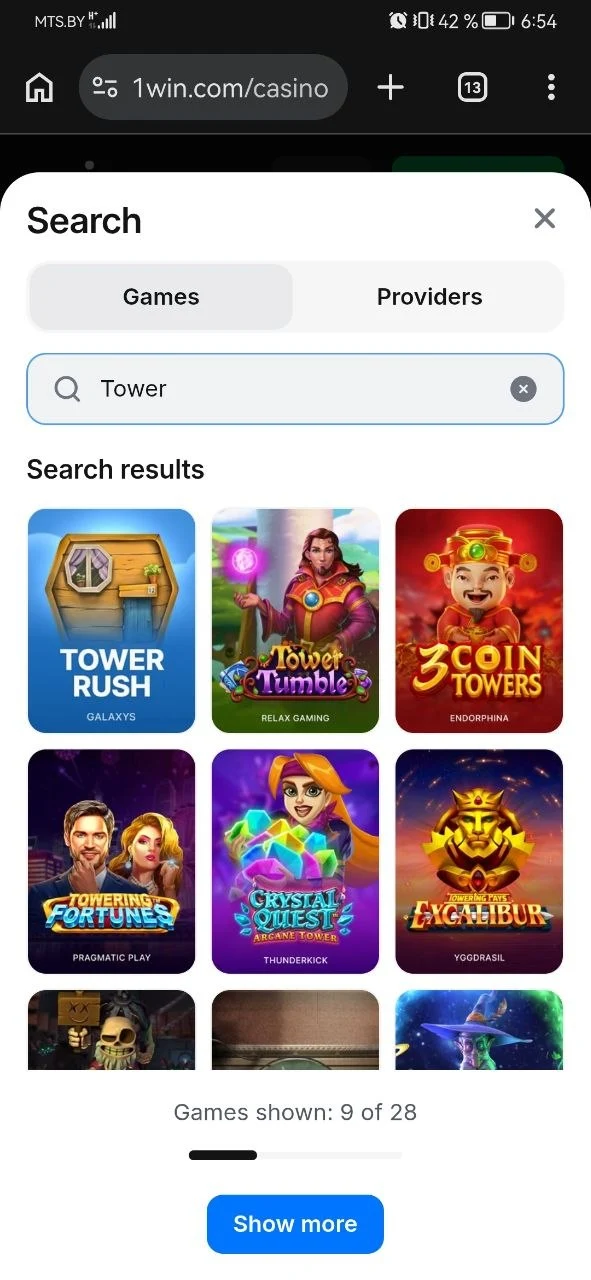 Finding Tower Rush game in online casino lobby search