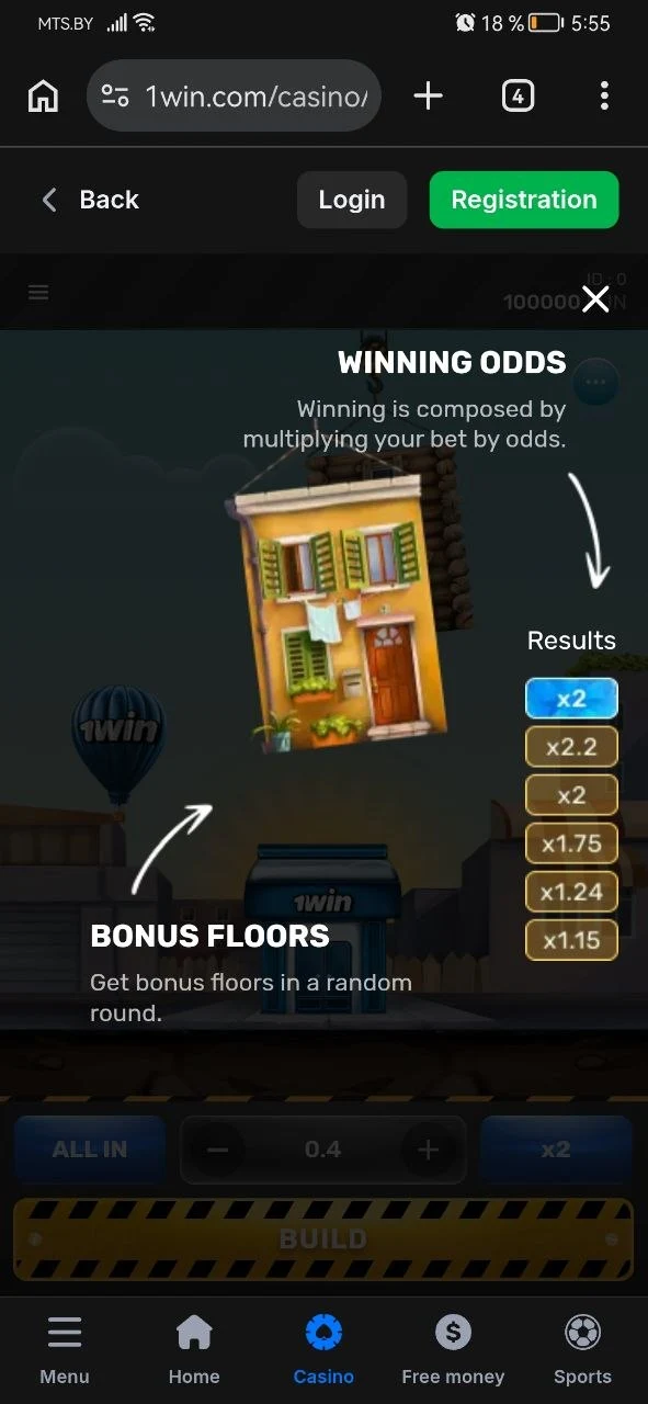 Tower Rush welcome screen inside the 1Win mobile app